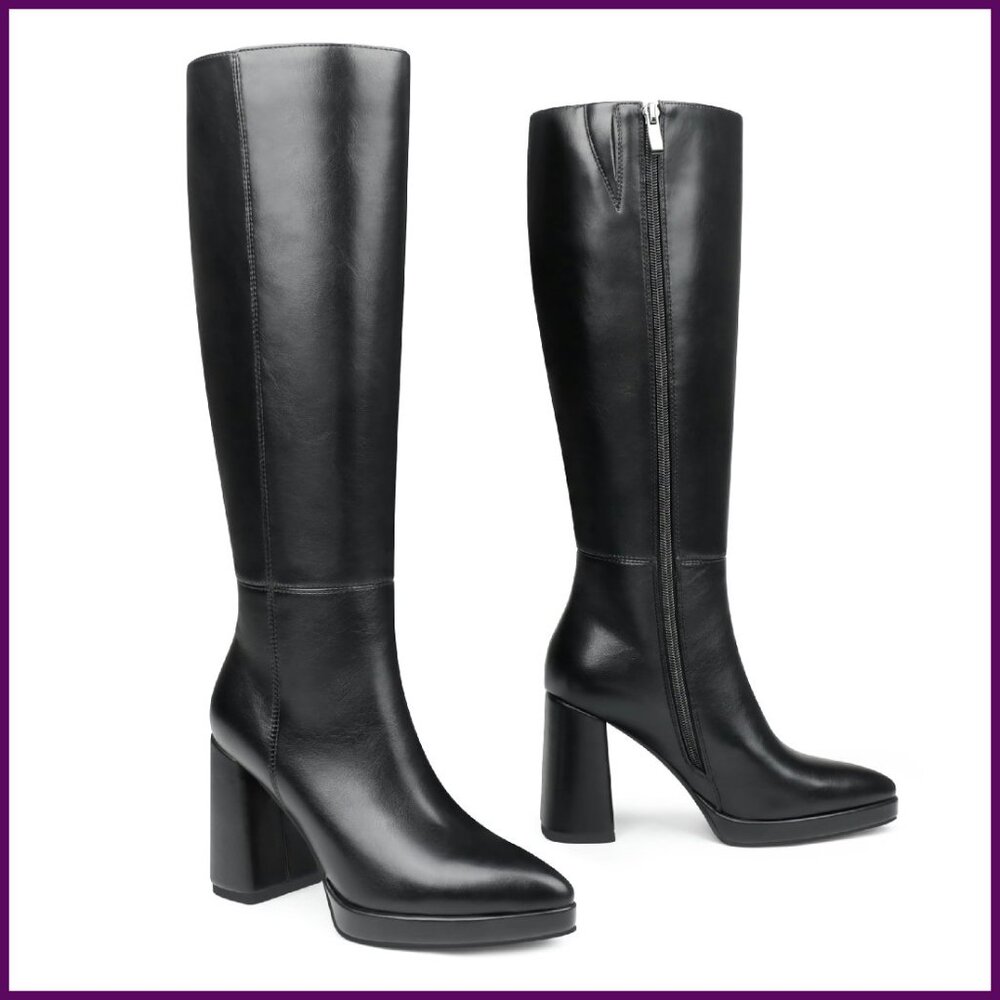Knee High Platform Boots Pointy Toe Chunky Heel Tall Boots Size 6-11